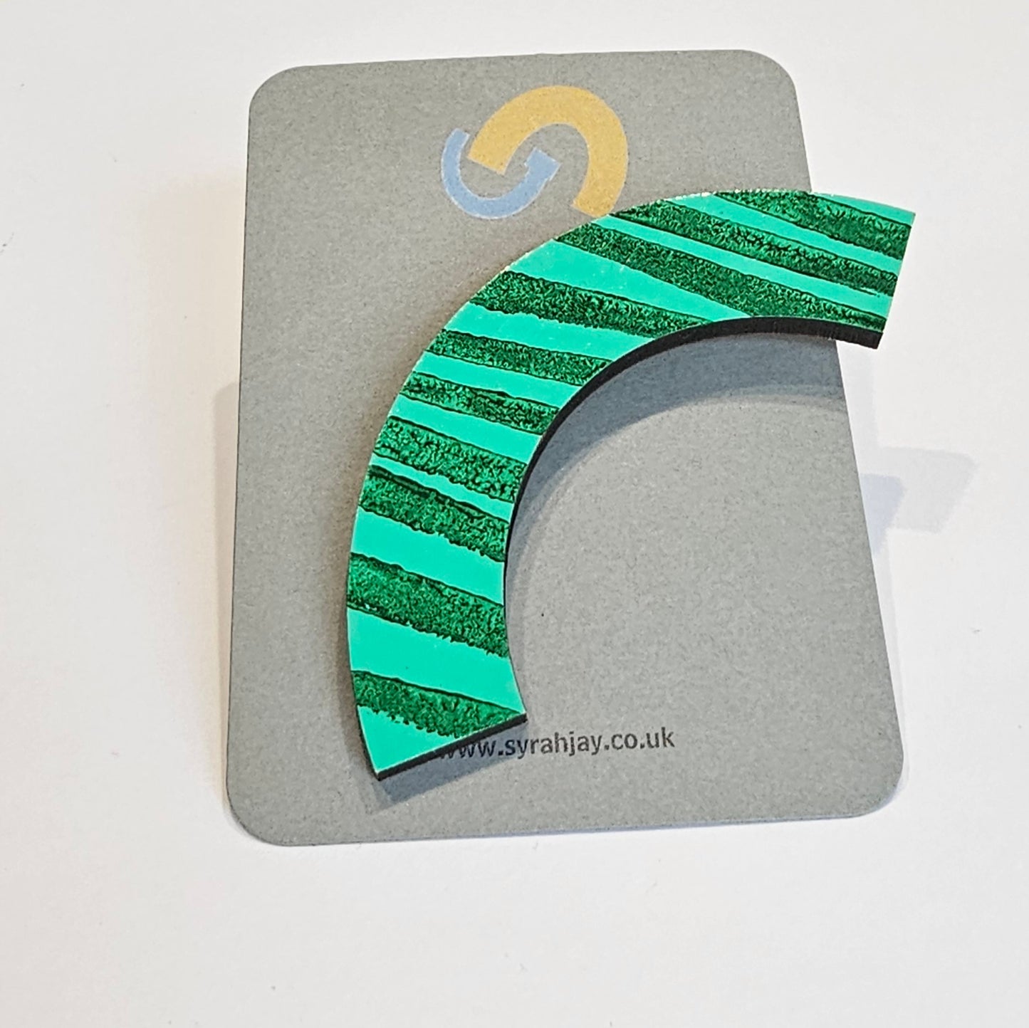 Geometric arc brooch hand painted MDF jewellery with secure clasp