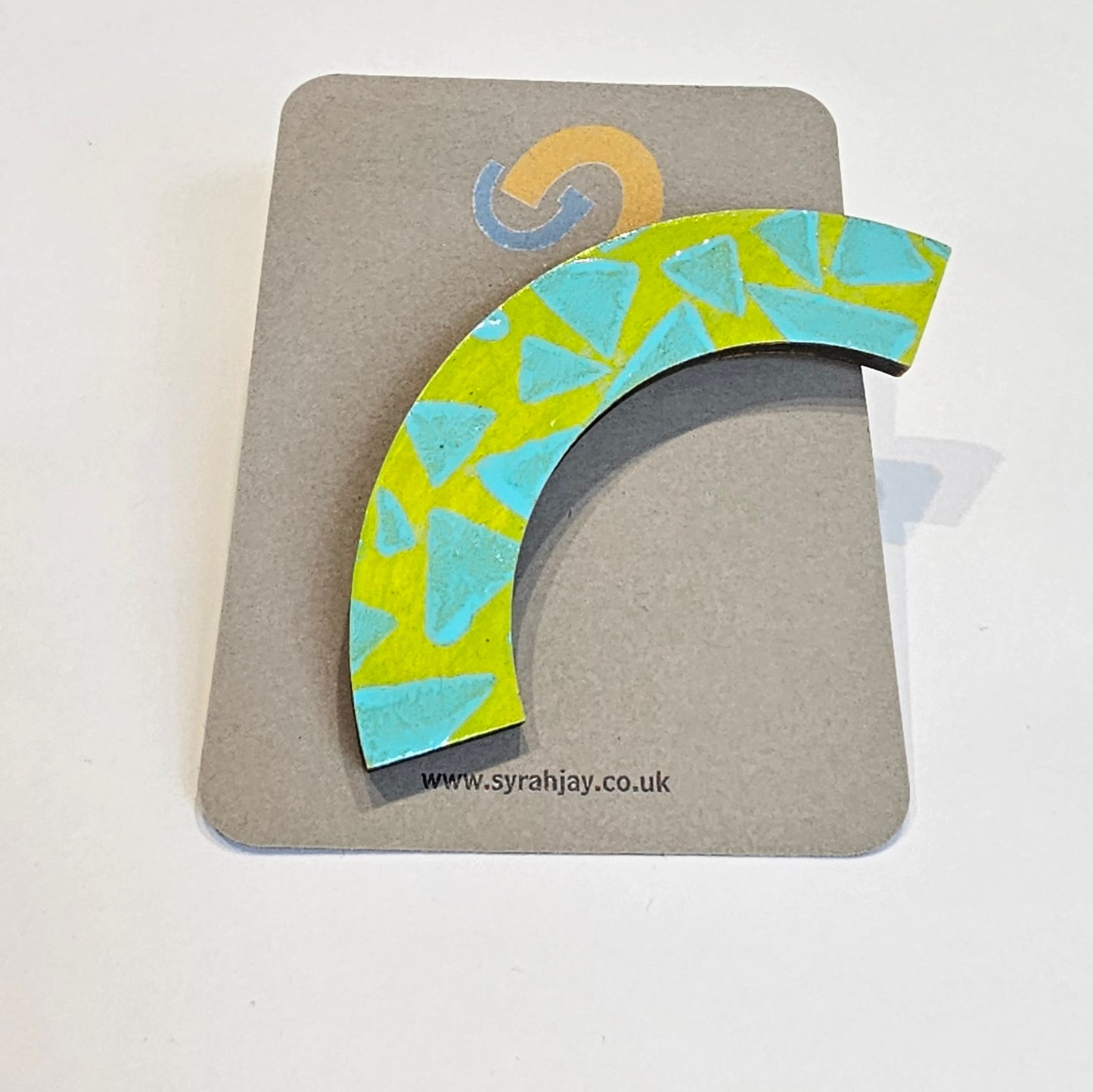 Geometric arc brooch hand painted MDF jewellery with secure clasp