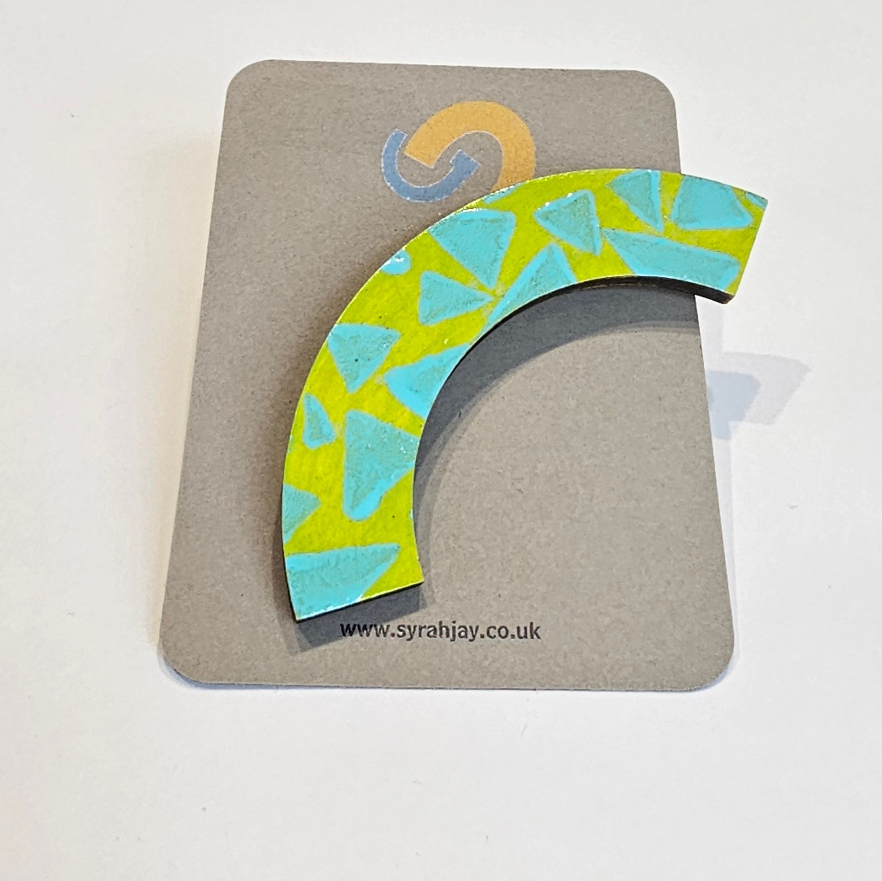 Geometric arc brooch hand painted MDF jewellery with secure clasp