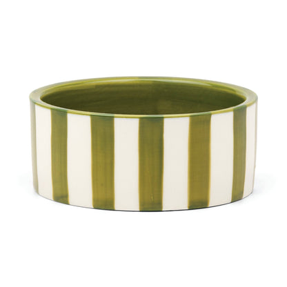 Izzy hand-painted ceramic wine coasters with green stripe design, food-safe and ideal for protecting surfaces or serving small snacks.