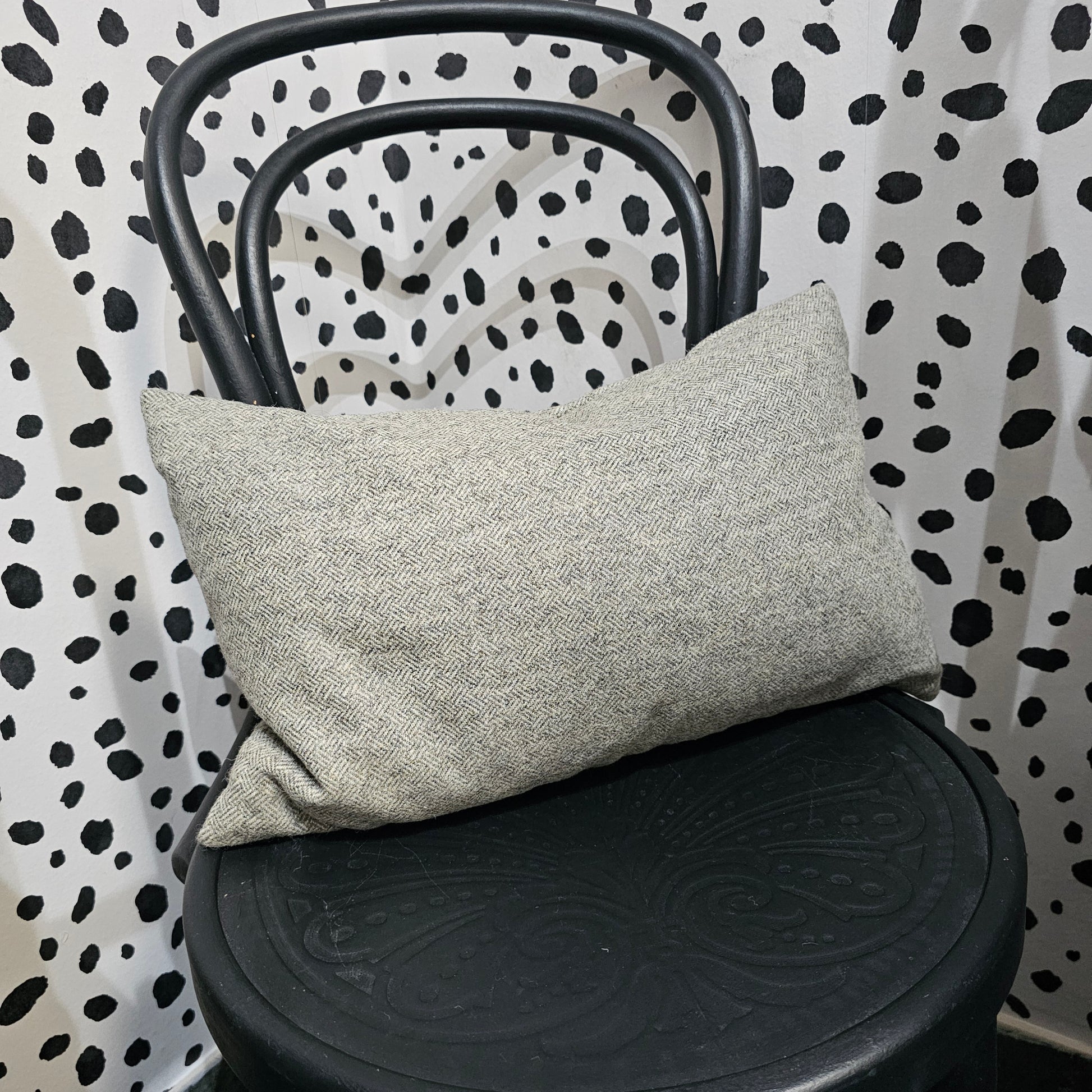 Greige and teal tweed long cushion Silvera Upholstery feather filled