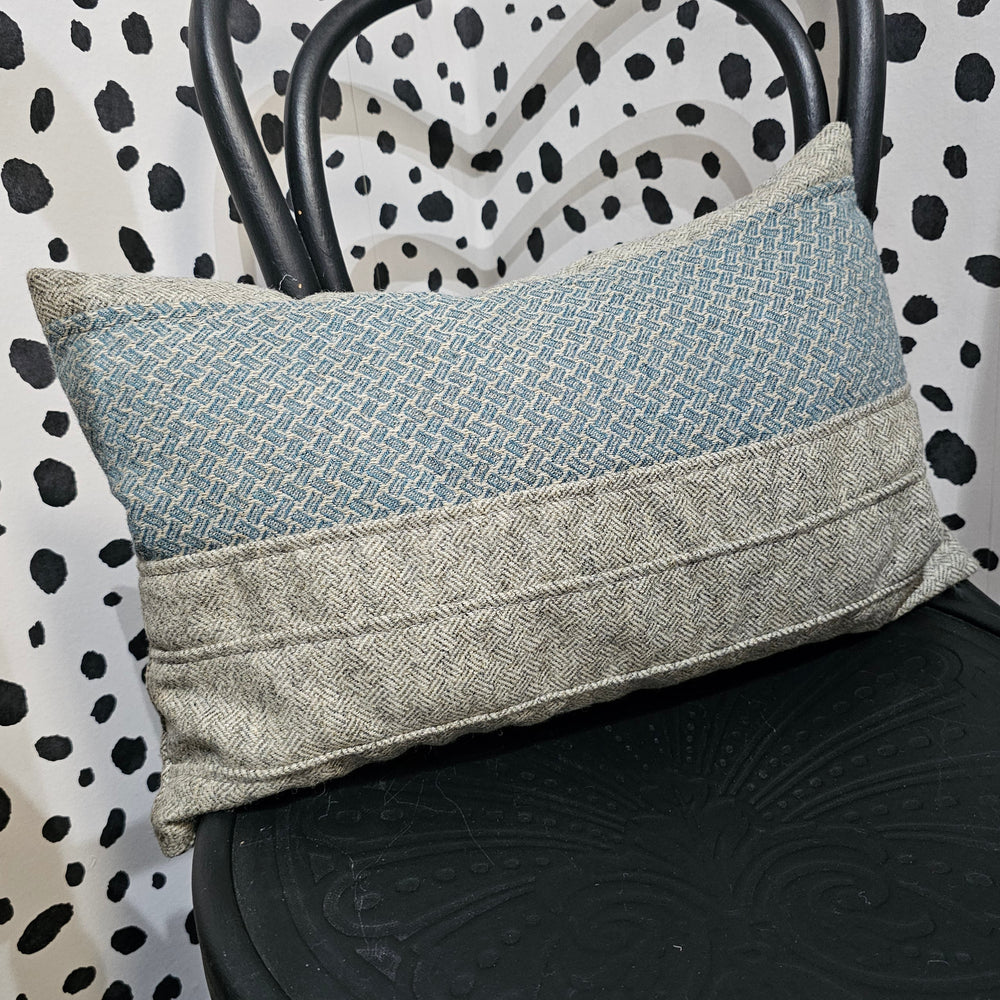 GREIGE + TEAL PLAITED TWILL TWEED LONG CUSHION