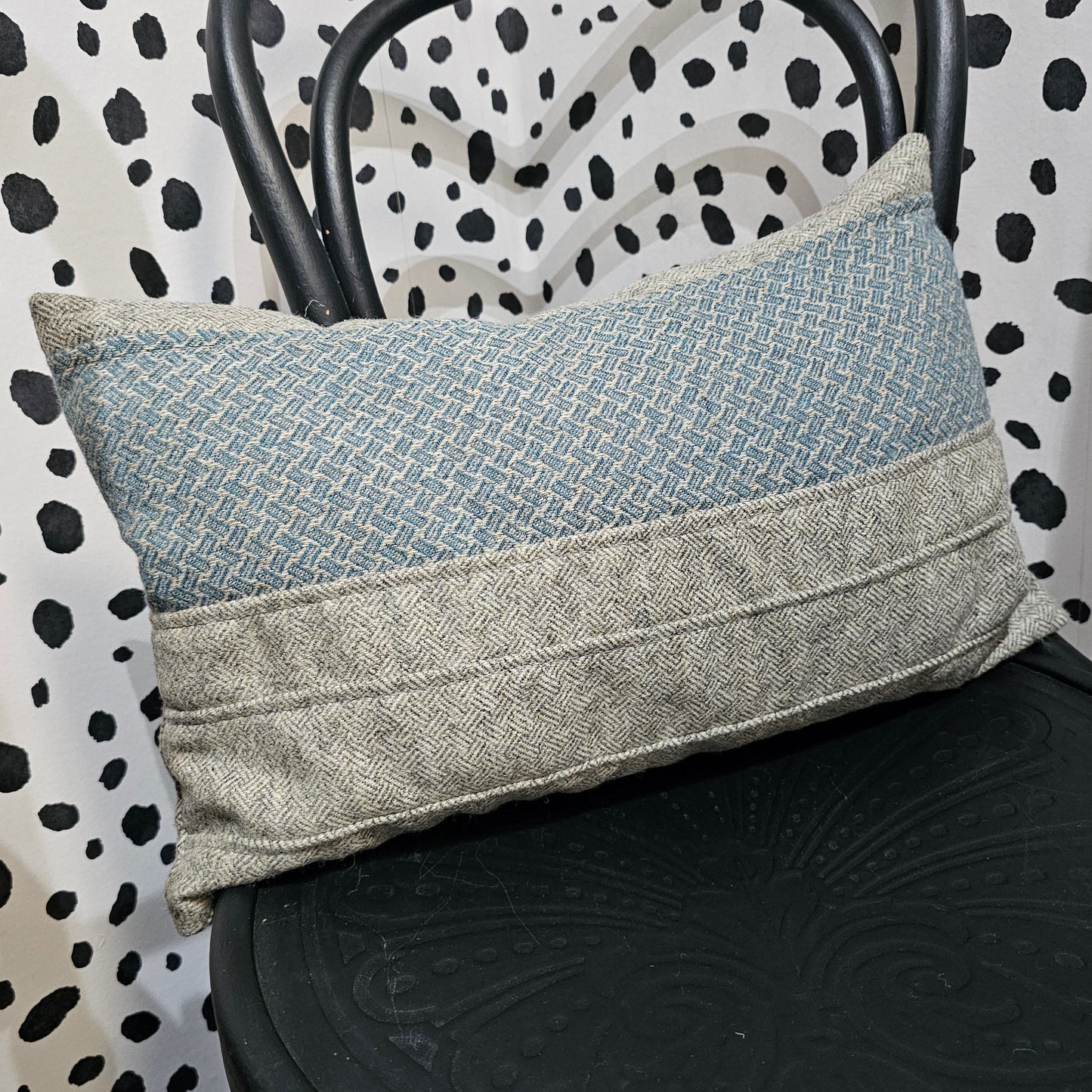 Greige and teal tweed long cushion Silvera Upholstery feather filled