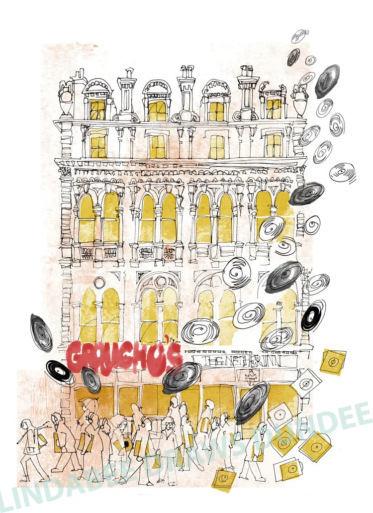 Groucho's Dundee greeting card by Lindabee Draws Dundee featuring the former Perth Road record shop