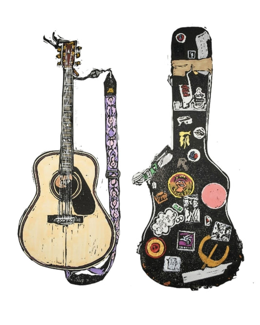 A6 framed colourful lino print of Jimi’s Yamaha guitar and case by Bee Birds, Time Flies series