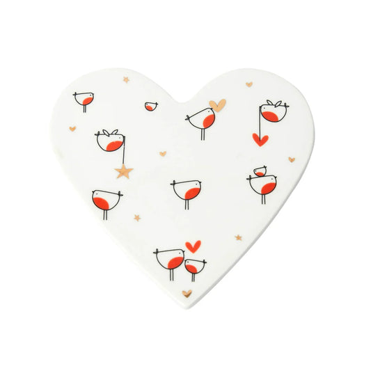 A heart-shaped porcelain coaster with a decorative robin design and metallic gold trim, packaged in a presentation gift box.