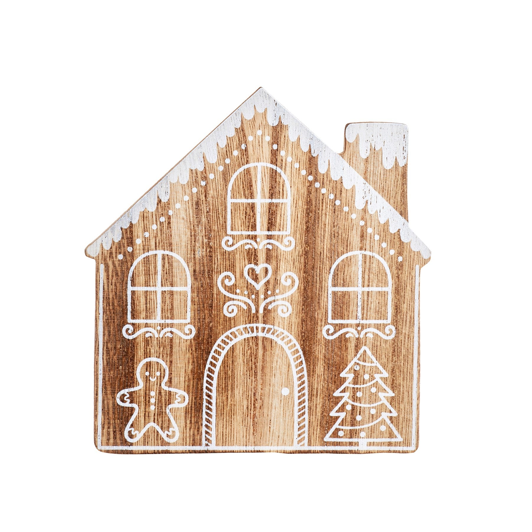 Wooden coaster shaped like gingerbread house with intricate festive details.