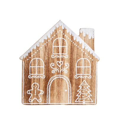 Wooden coaster shaped like gingerbread house with intricate festive details.
