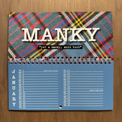 DL-sized 2026 Scottish Insult Calendar featuring bold Scots insults paired with colourful tartans.
