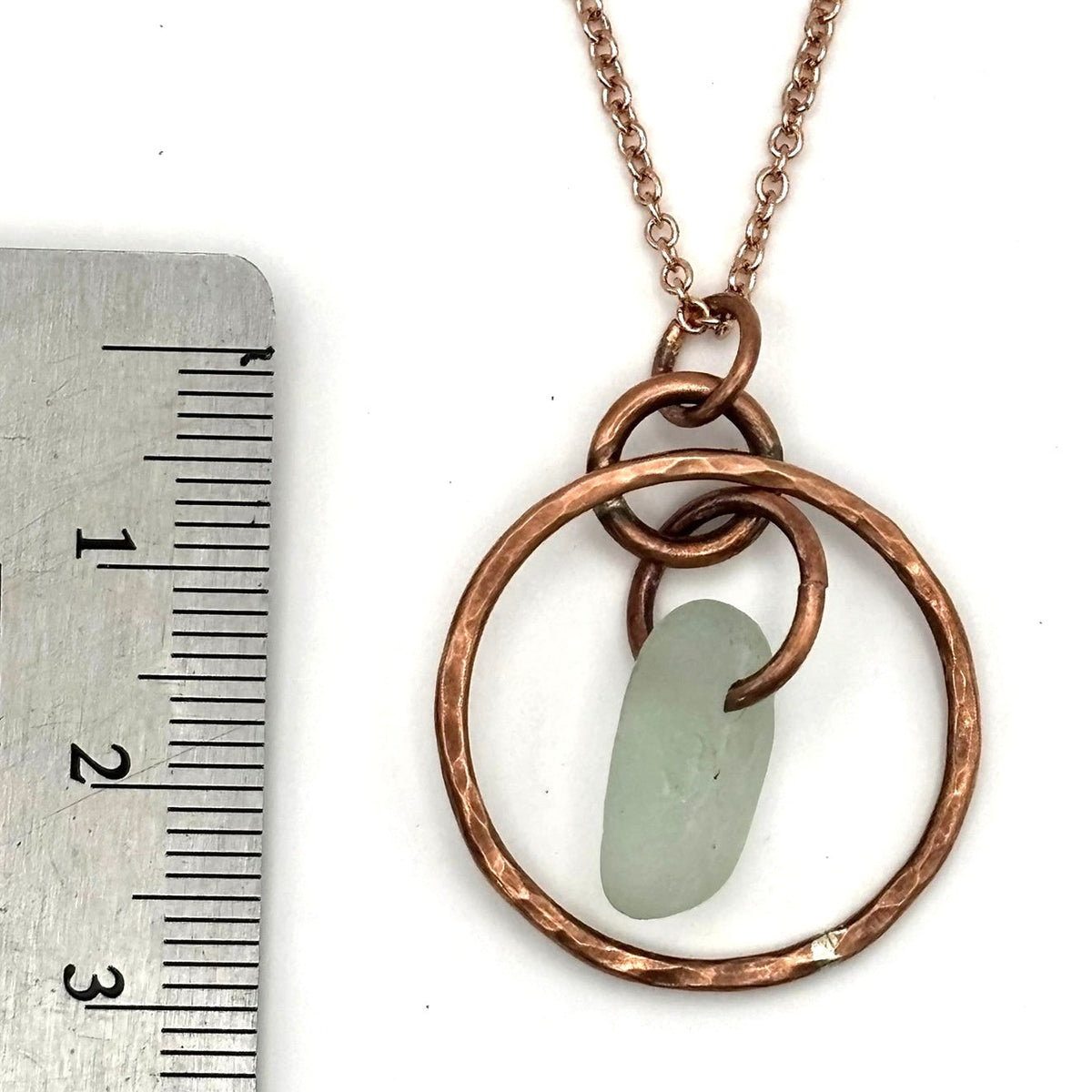Rowan Berry Jewellery hammered metal hoop necklace with genuine white sea glass collected from Carnoustie beaches