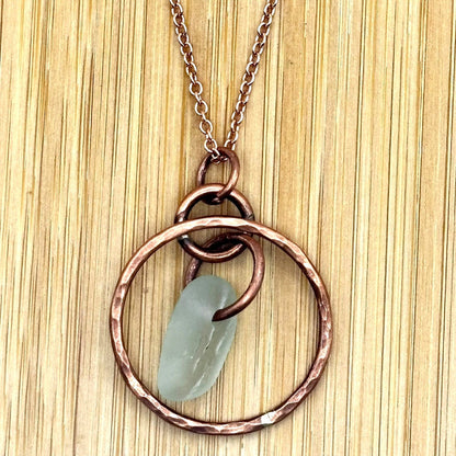 Rowan Berry Jewellery hammered metal hoop necklace with genuine white sea glass collected from Carnoustie beaches