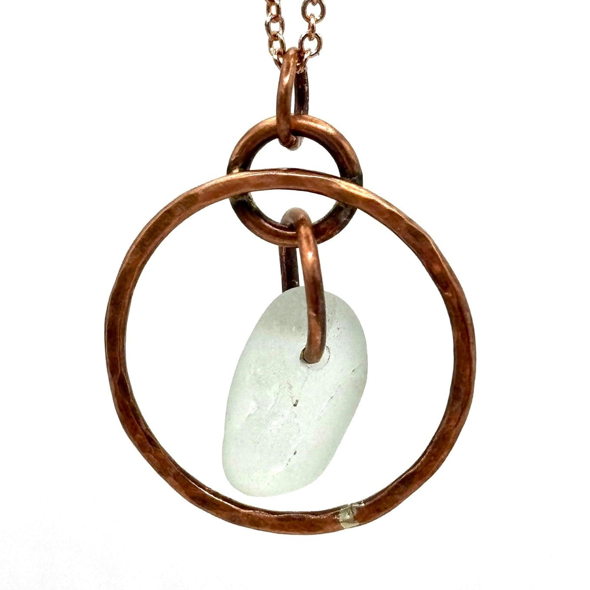 Rowan Berry Jewellery hammered metal hoop necklace with genuine white sea glass collected from Carnoustie beaches