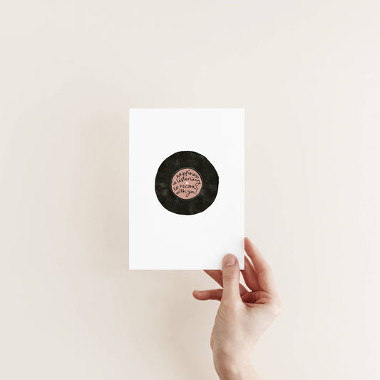 Happiness Is Listening to Records With You A6 black, white and pink illustrated greeting card