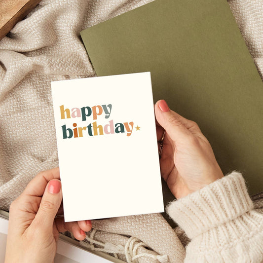 Simple Happy Birthday A6 card printed on textured 280gsm card with kraft envelope, minimalist birthday greeting