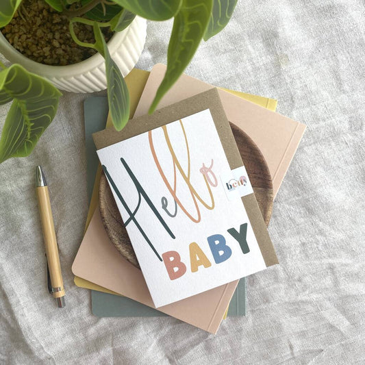 Gender neutral Hello Baby card printed on textured A6 card with kraft envelope, designed by Beth