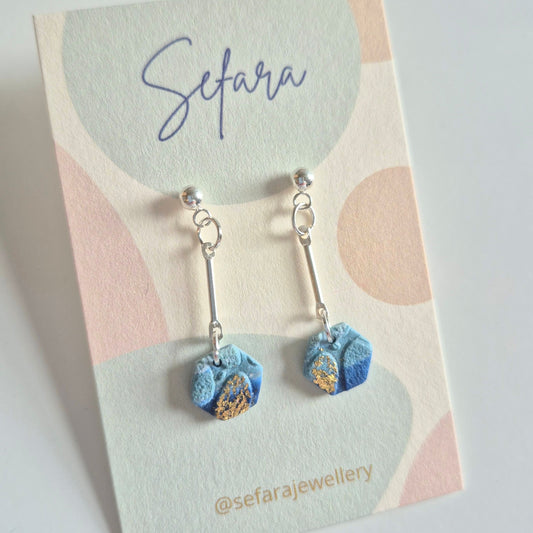 Sefara Jewellery hexagonal drop earrings with gold leaf detail, handmade in Scotland and inspired by the Scottish coastline