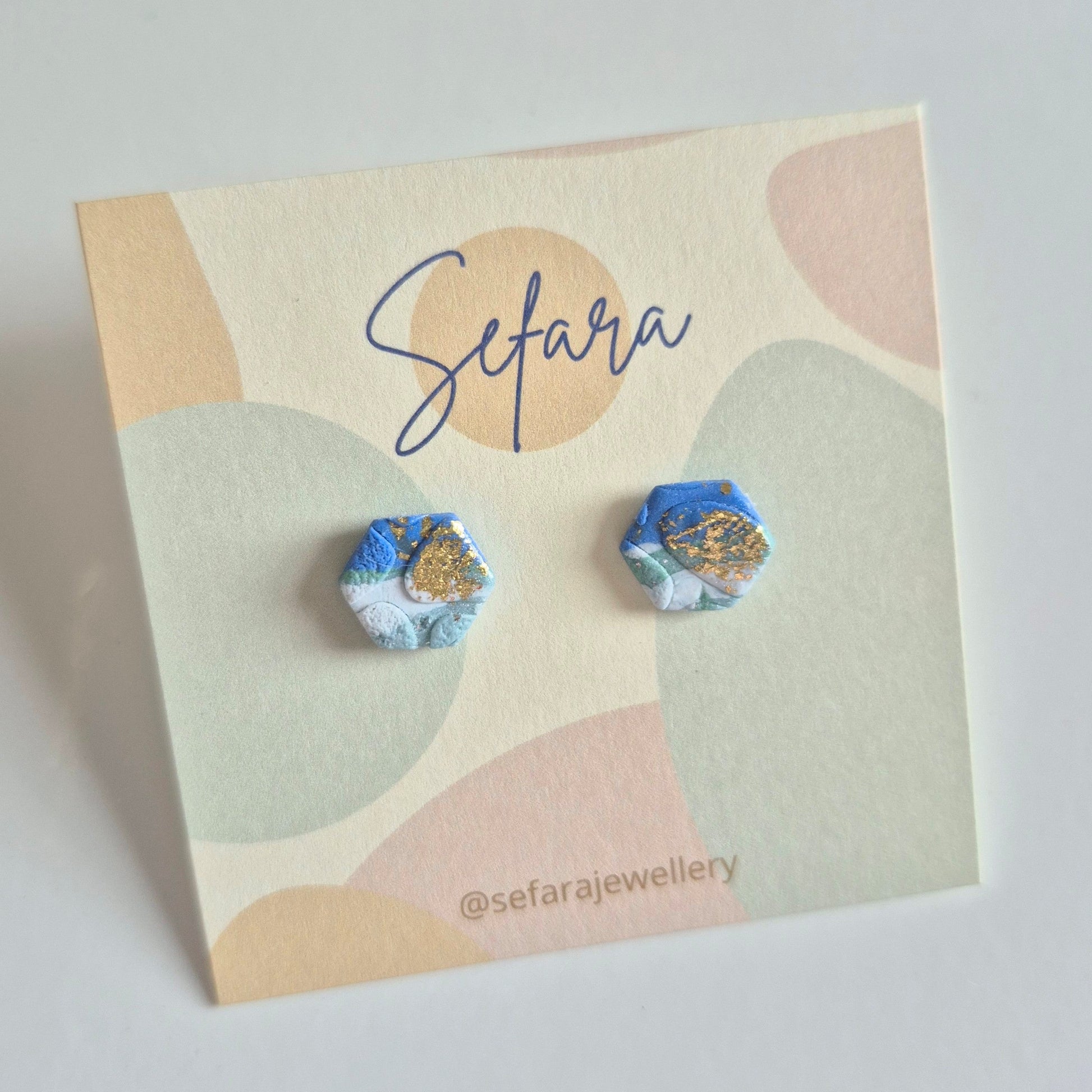Sefara Jewellery hexagonal polymer clay stud earrings with gold leaf detail, handmade in Scotland