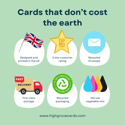 Promotional graphic for Highgrove Cards highlighting features like UK design, 5-star rating, recycled envelope, fast delivery, recycled packaging, and vegetable inks.