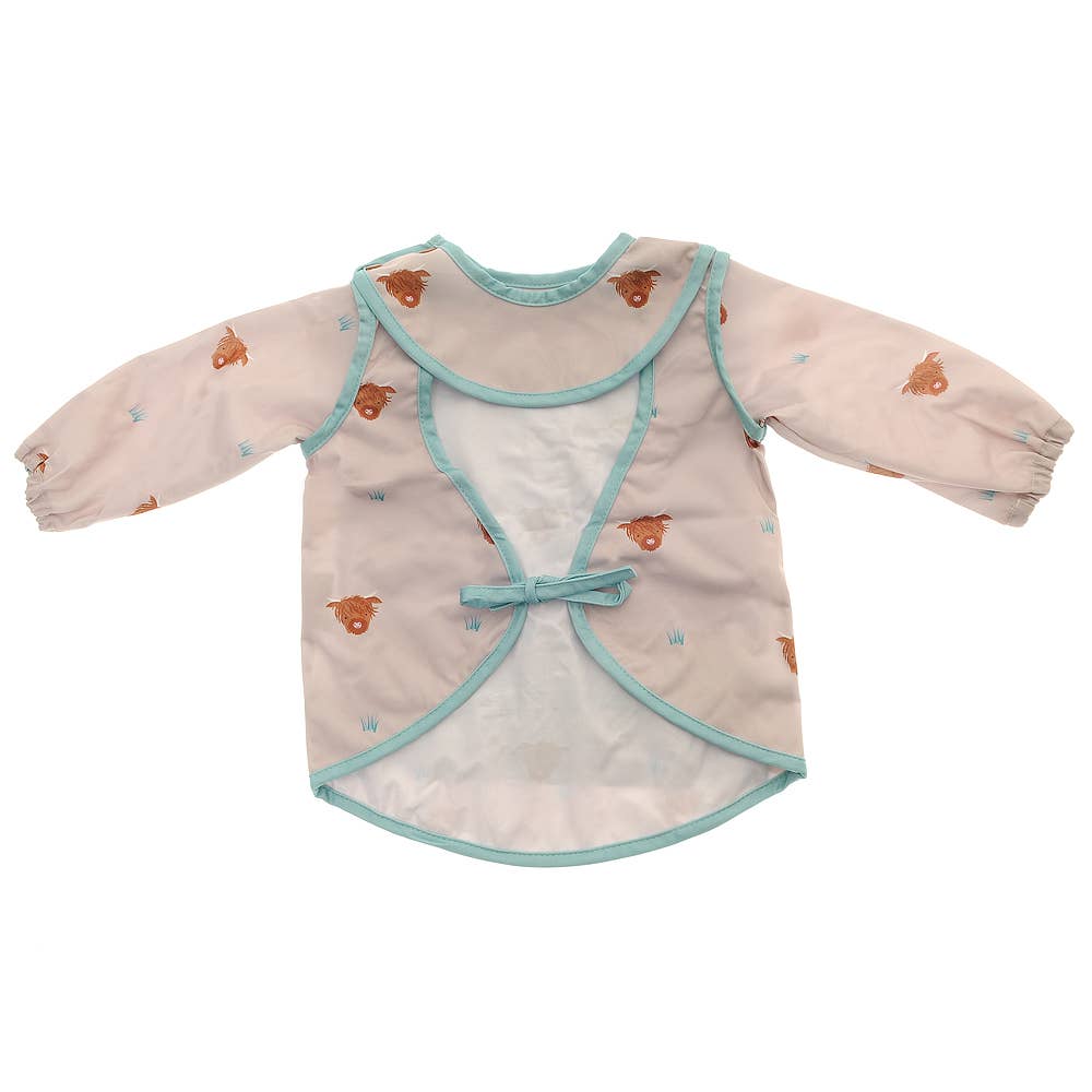 Highland Cow long sleeve waterproof bib for babies aged 6-24 months with full clothing protection