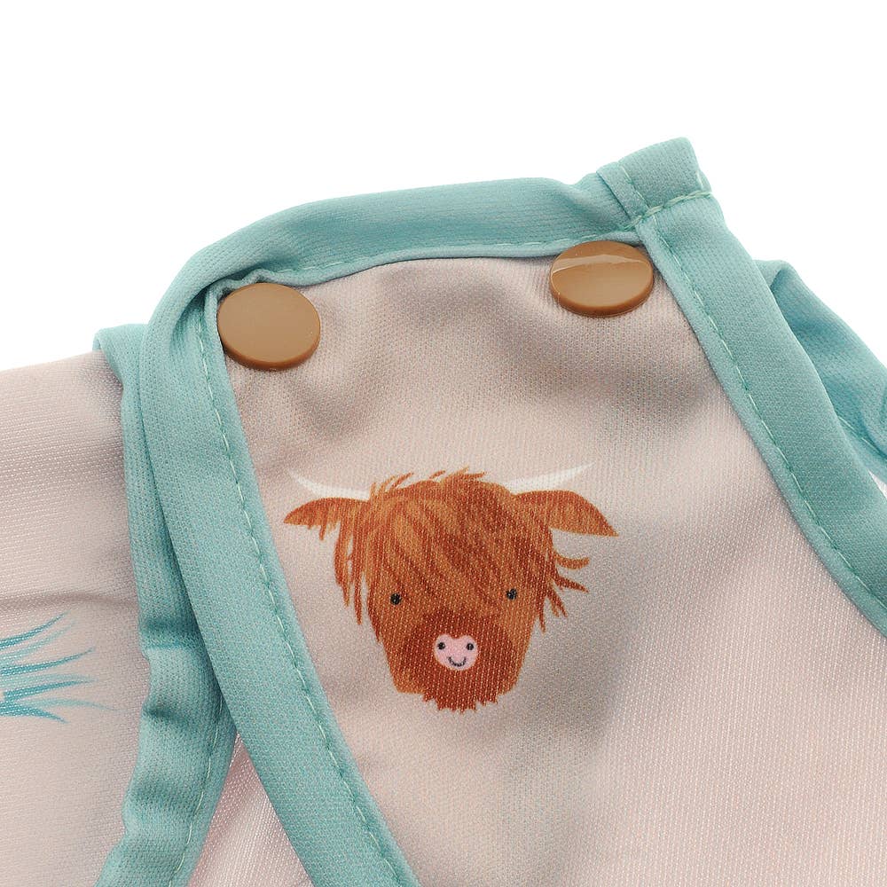 Highland Cow long sleeve waterproof bib for babies aged 6-24 months with full clothing protection