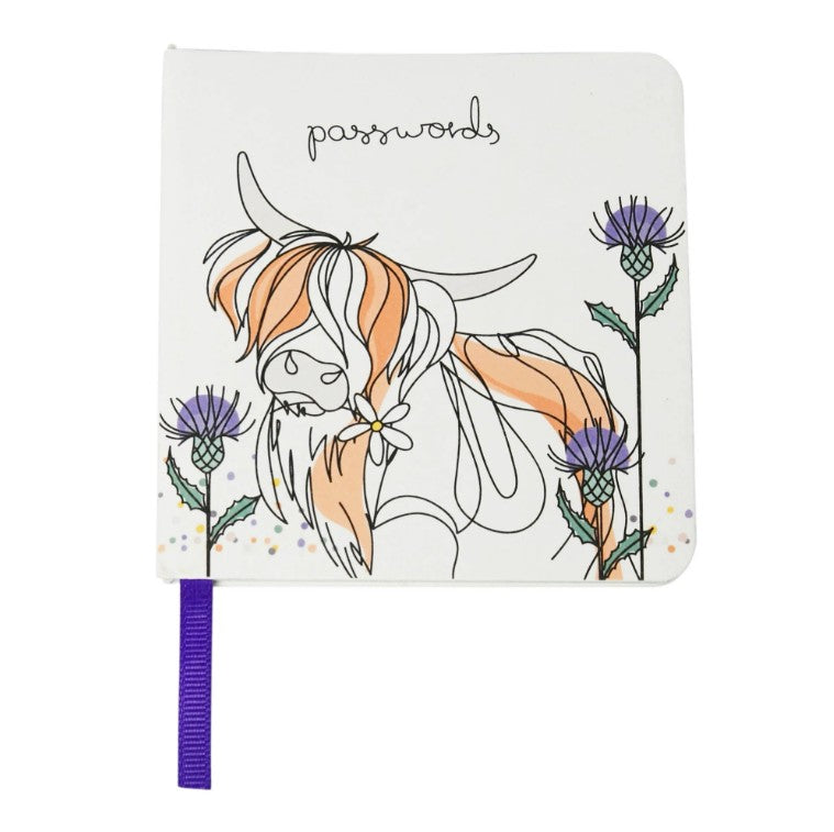 Belly Button Passwords Notebook with Highland Cow and Thistle Design