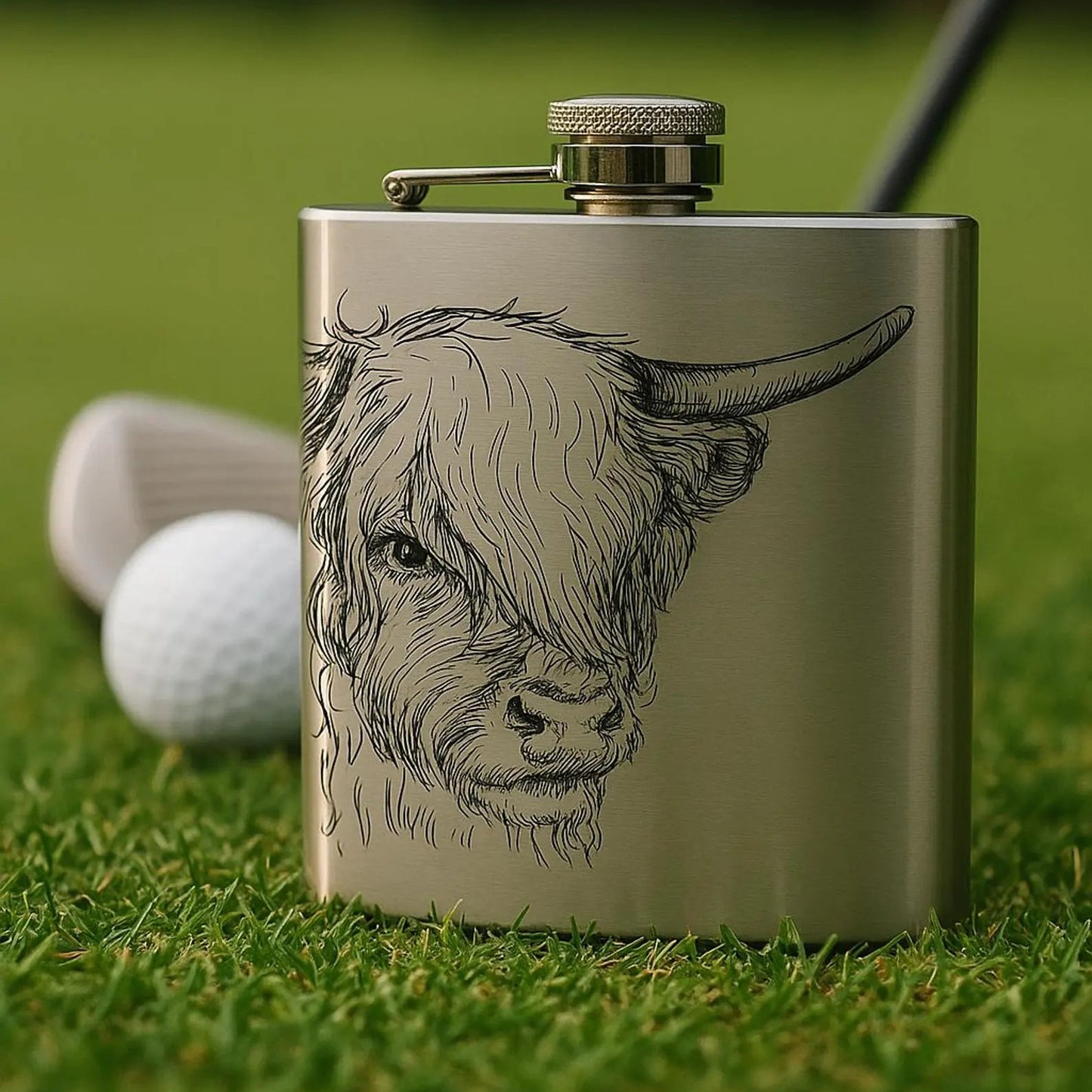Laser engraved 6oz stainless steel hip flask Scottish design gift (Highland Cow, Stag or Thistle)