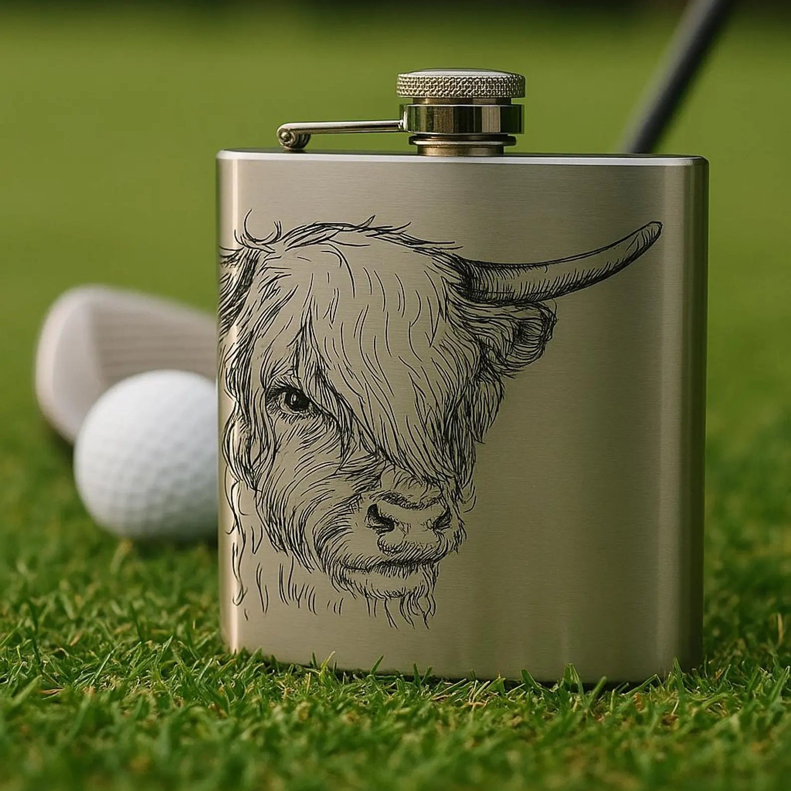 Laser engraved 6oz stainless steel hip flask Scottish design gift (Highland Cow, Stag or Thistle)