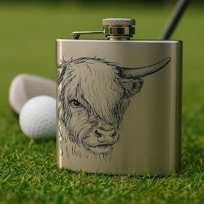 Laser engraved 6oz stainless steel hip flask Scottish design gift (Highland Cow, Stag or Thistle)