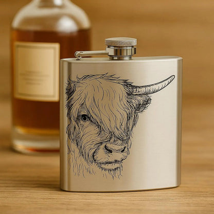 Laser engraved 6oz stainless steel hip flask Scottish design gift (Highland Cow, Stag or Thistle)