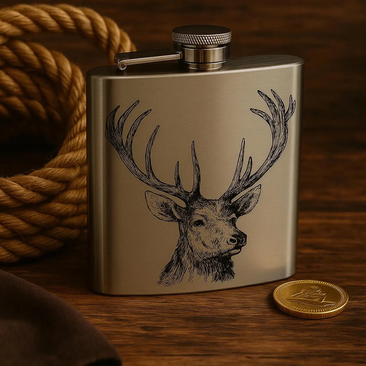 Laser engraved 6oz stainless steel hip flask Scottish design gift (Highland Cow, Stag or Thistle)