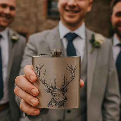 Laser engraved 6oz stainless steel hip flask Scottish design gift (Highland Cow, Stag or Thistle)
