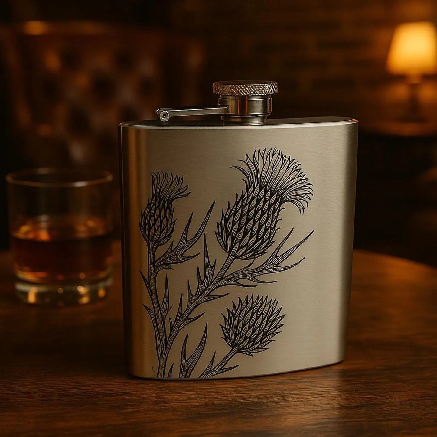 Laser engraved 6oz stainless steel hip flask Scottish design gift (Highland Cow, Stag or Thistle)