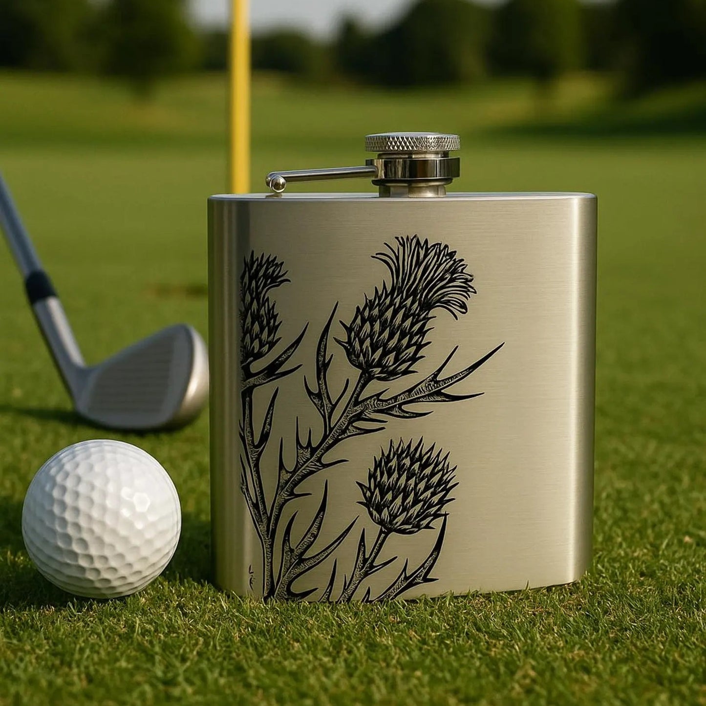 Laser engraved 6oz stainless steel hip flask Scottish design gift (Highland Cow, Stag or Thistle)