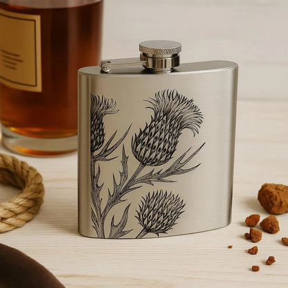 Laser engraved 6oz stainless steel hip flask Scottish design gift (Highland Cow, Stag or Thistle)