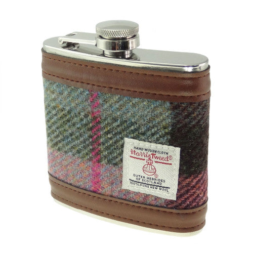 Harris Tweed stainless steel hip flasks with 6oz capacity, available in various tartan and checked fabric designs, presented in black gift boxes.