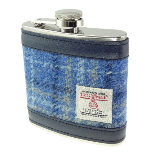Harris Tweed stainless steel hip flasks with 6oz capacity, available in various tartan and checked fabric designs, presented in black gift boxes.
