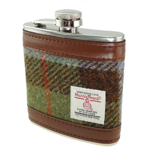 Harris Tweed stainless steel hip flasks with 6oz capacity, available in various tartan and checked fabric designs, presented in black gift boxes.