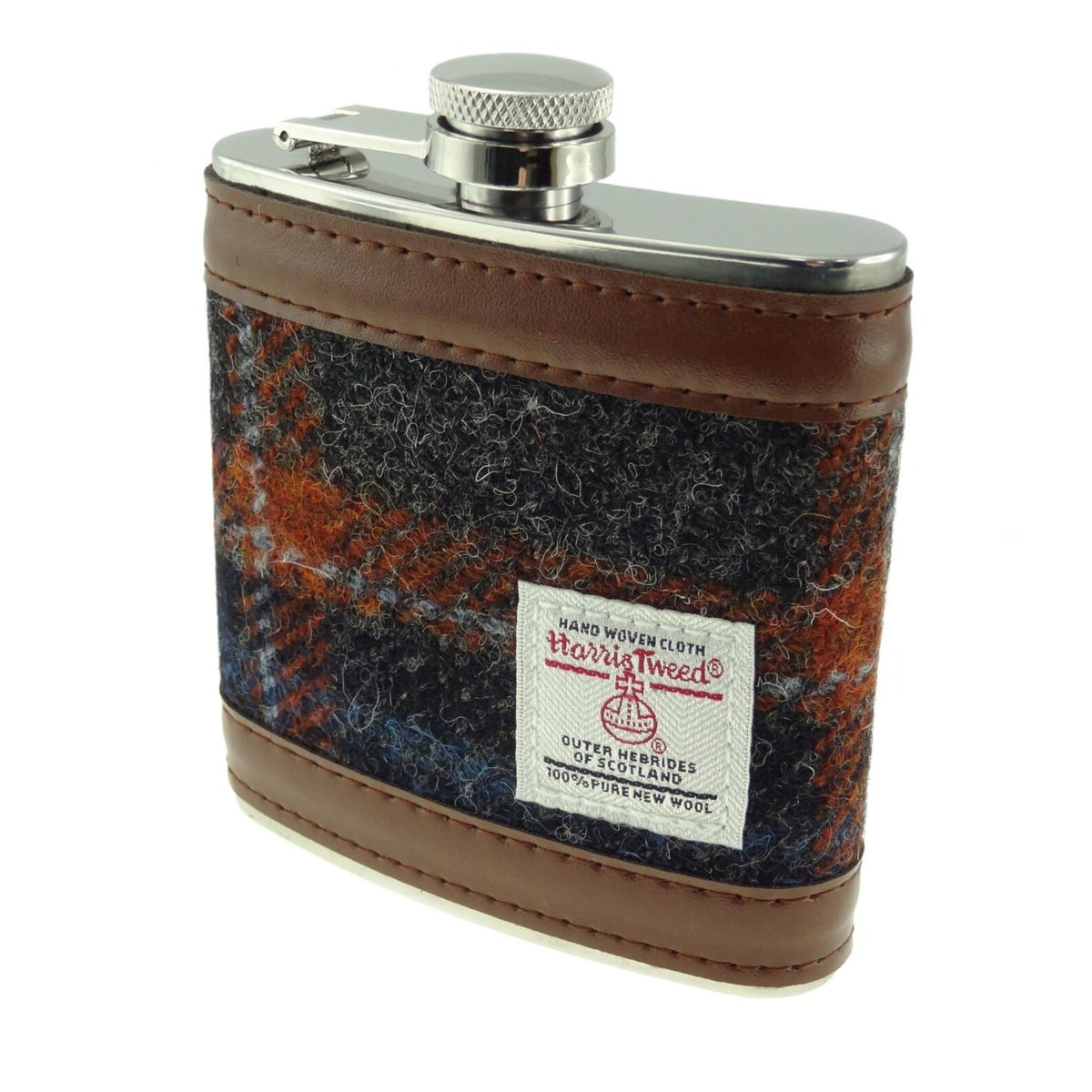 Harris Tweed stainless steel hip flasks with 6oz capacity, available in various tartan and checked fabric designs, presented in black gift boxes.