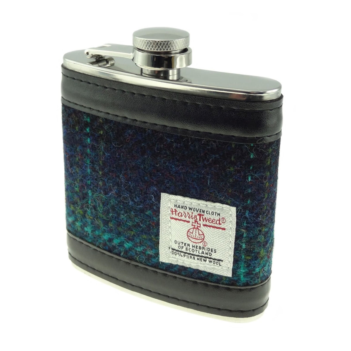 Harris Tweed stainless steel hip flasks with 6oz capacity, available in various tartan and checked fabric designs, presented in black gift boxes.