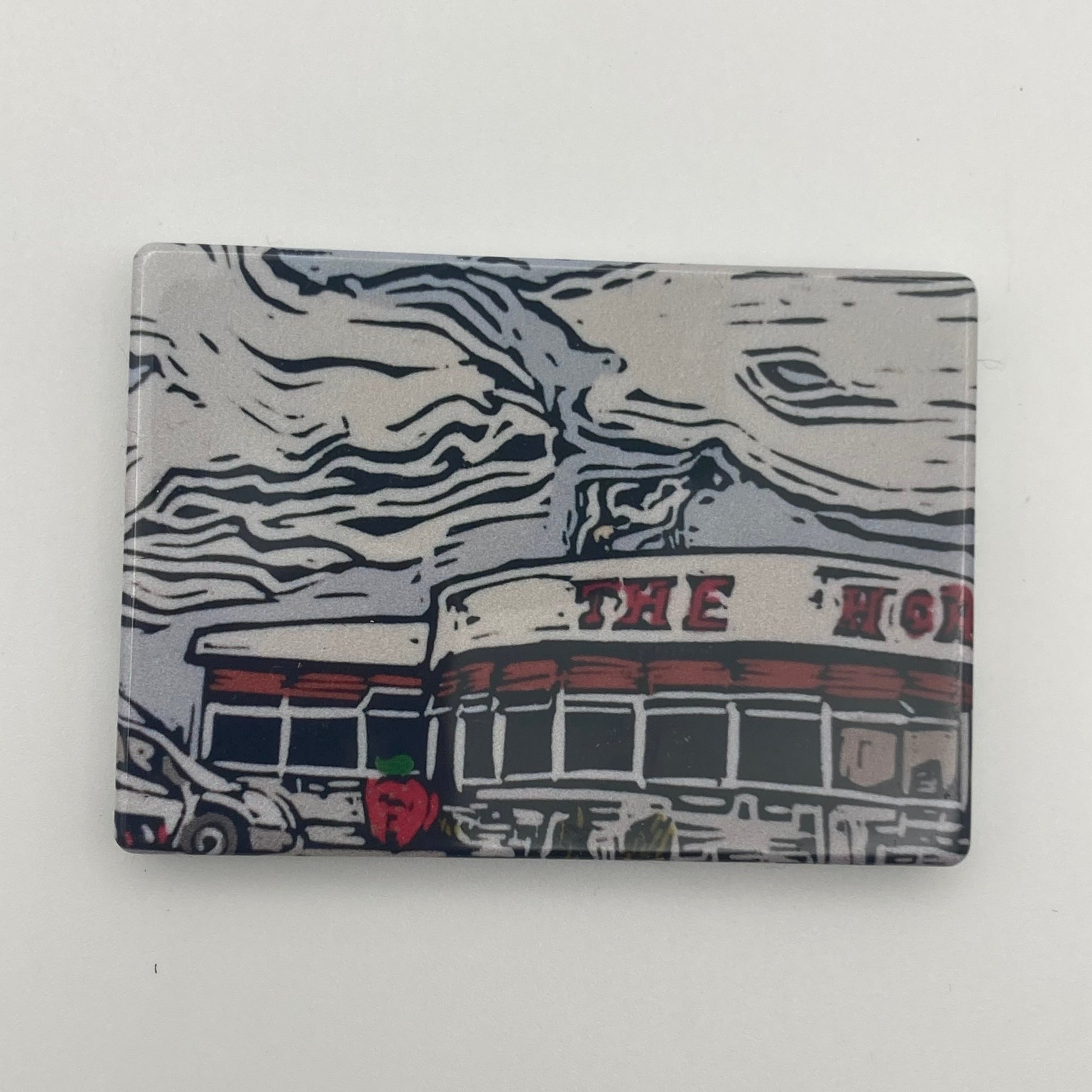 'The Horn' Magnet, part of the cycling views collection by Bee Birds Prints, showing the famous Horn cafe with cow statue on the roof