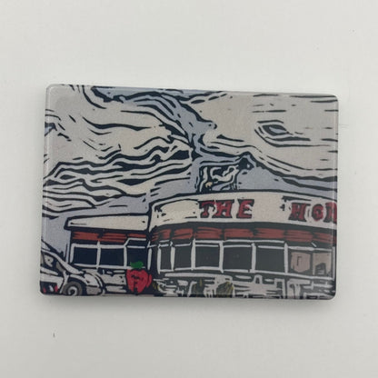 'The Horn' Magnet, part of the cycling views collection by Bee Birds Prints, showing the famous Horn cafe with cow statue on the roof