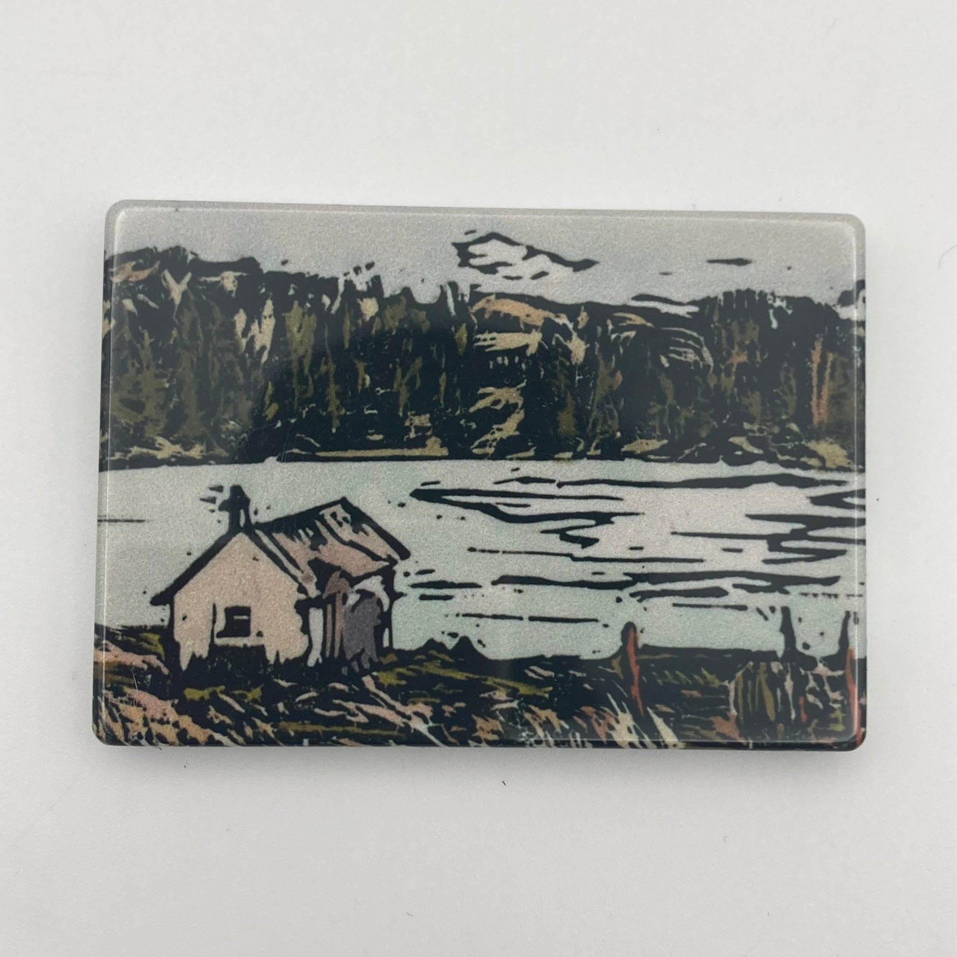 'Loch Drummore in Spring' Magnet, part of the cycling views collection by Bee Birds Prints, showing small cottage/bothy next to the loch