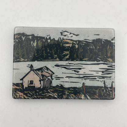 'Loch Drummore in Spring' Magnet, part of the cycling views collection by Bee Birds Prints, showing small cottage/bothy next to the loch