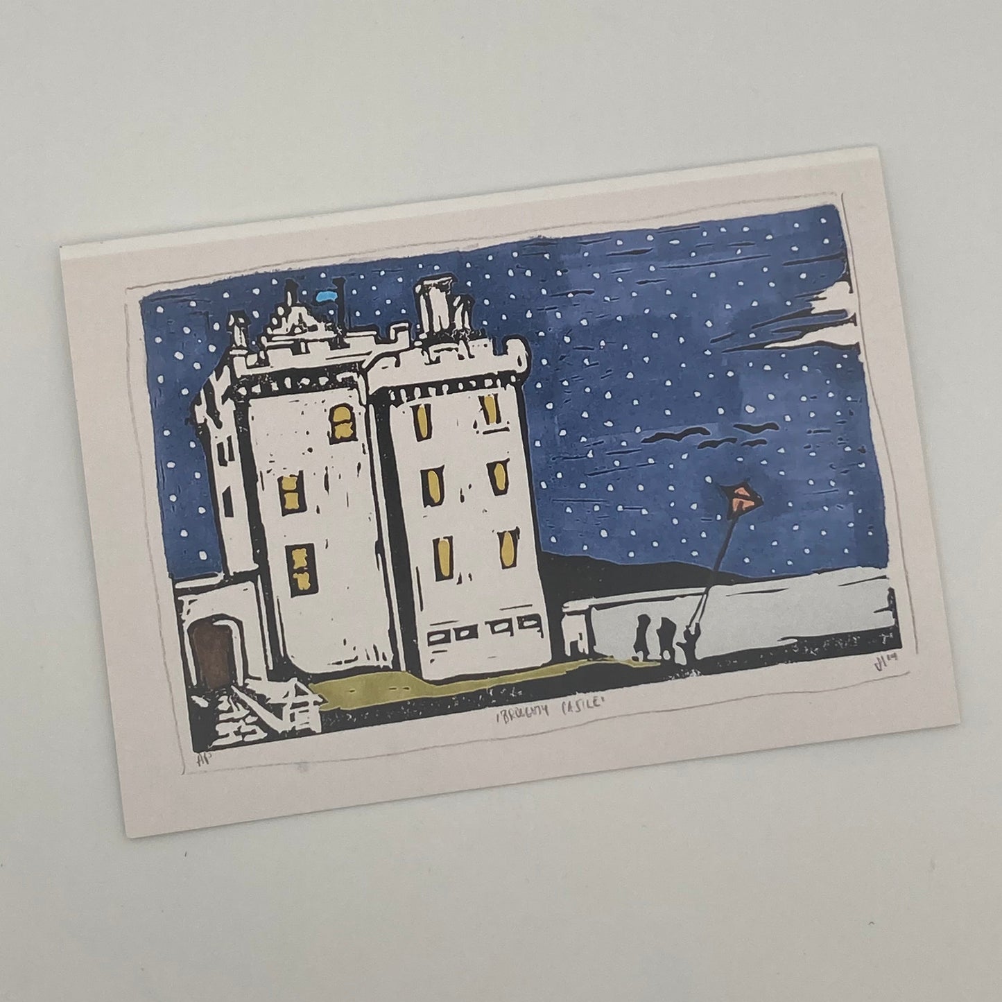 Christmas Card of Broughty Castle with festive scene and winter Christmas details.