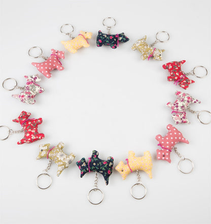 Fabric Scottie Dog keyrings featuring dainty, colourful floral prints from the Vintage Florals collection, measuring 6cm by 5cm.