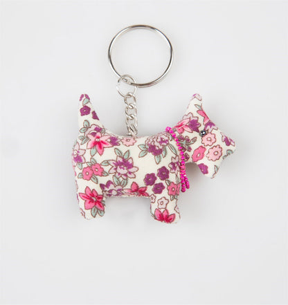 Floral-patterned Scottie dog-shaped keychain on a white background