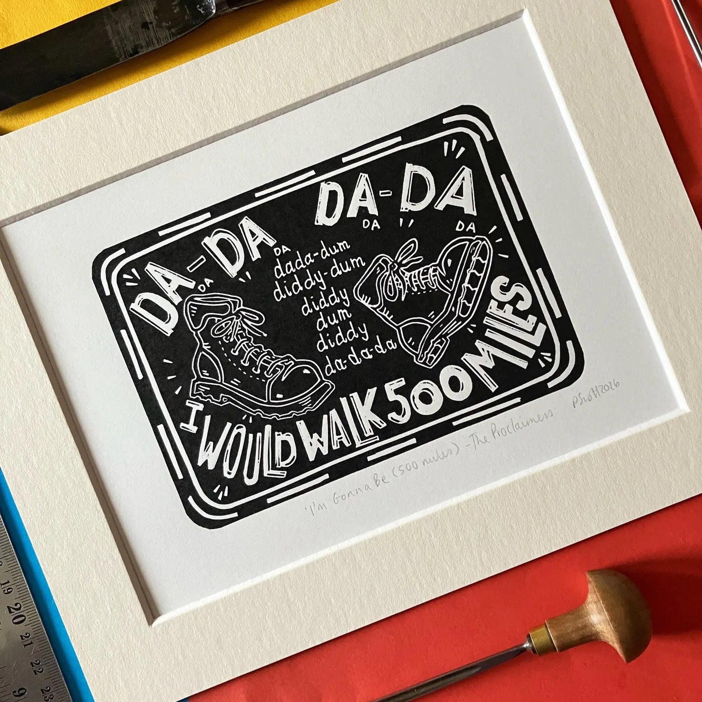 I'm Gonna Be 500 Miles linocut print by Pamela Scott inspired by The Proclaimers, signed and mounted
