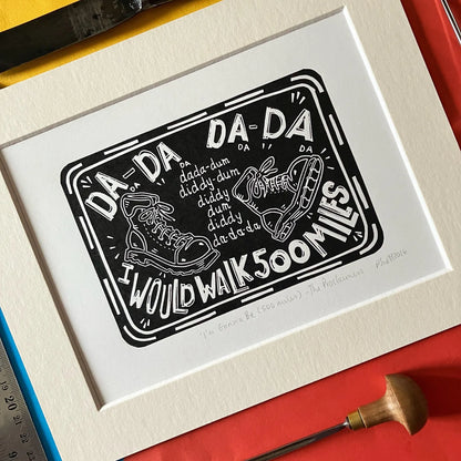 I'm Gonna Be 500 Miles linocut print by Pamela Scott inspired by The Proclaimers, signed and mounted