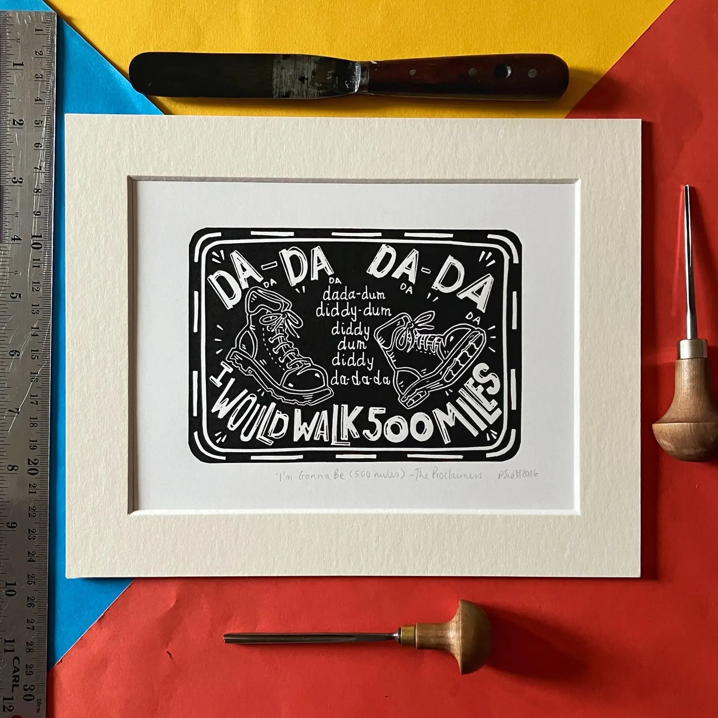 I'm Gonna Be 500 Miles linocut print by Pamela Scott inspired by The Proclaimers, signed and mounted