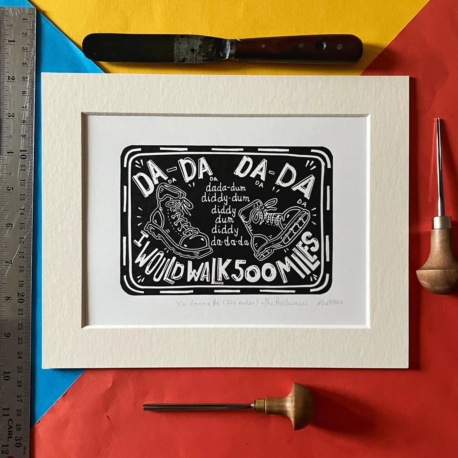 I'm Gonna Be 500 Miles linocut print by Pamela Scott inspired by The Proclaimers, signed and mounted
